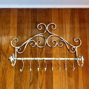 Vintage Distressed White Wrought Iron Scroll Wall hanger with sliding wall hooks